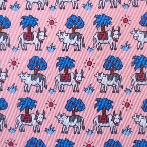 100% REAL HERMES TIE ~ BRIGHT PINK w WHIMSICAL FUN INDIAN COWS & BULLS TREES XL